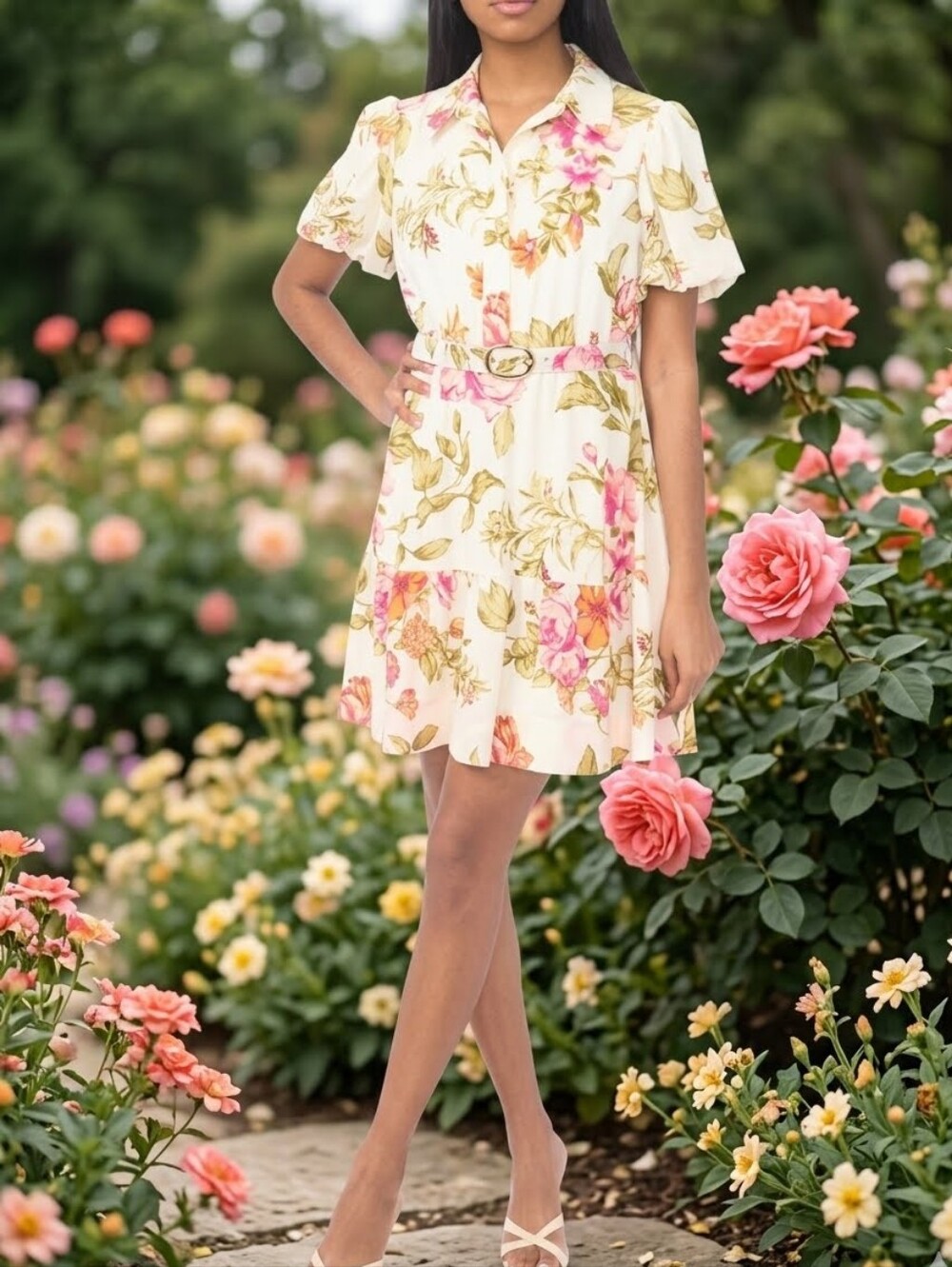 Floral Button Front Dress With Belt